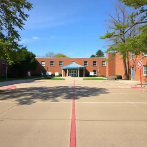 Empty schoolyard with polling station signs in background.