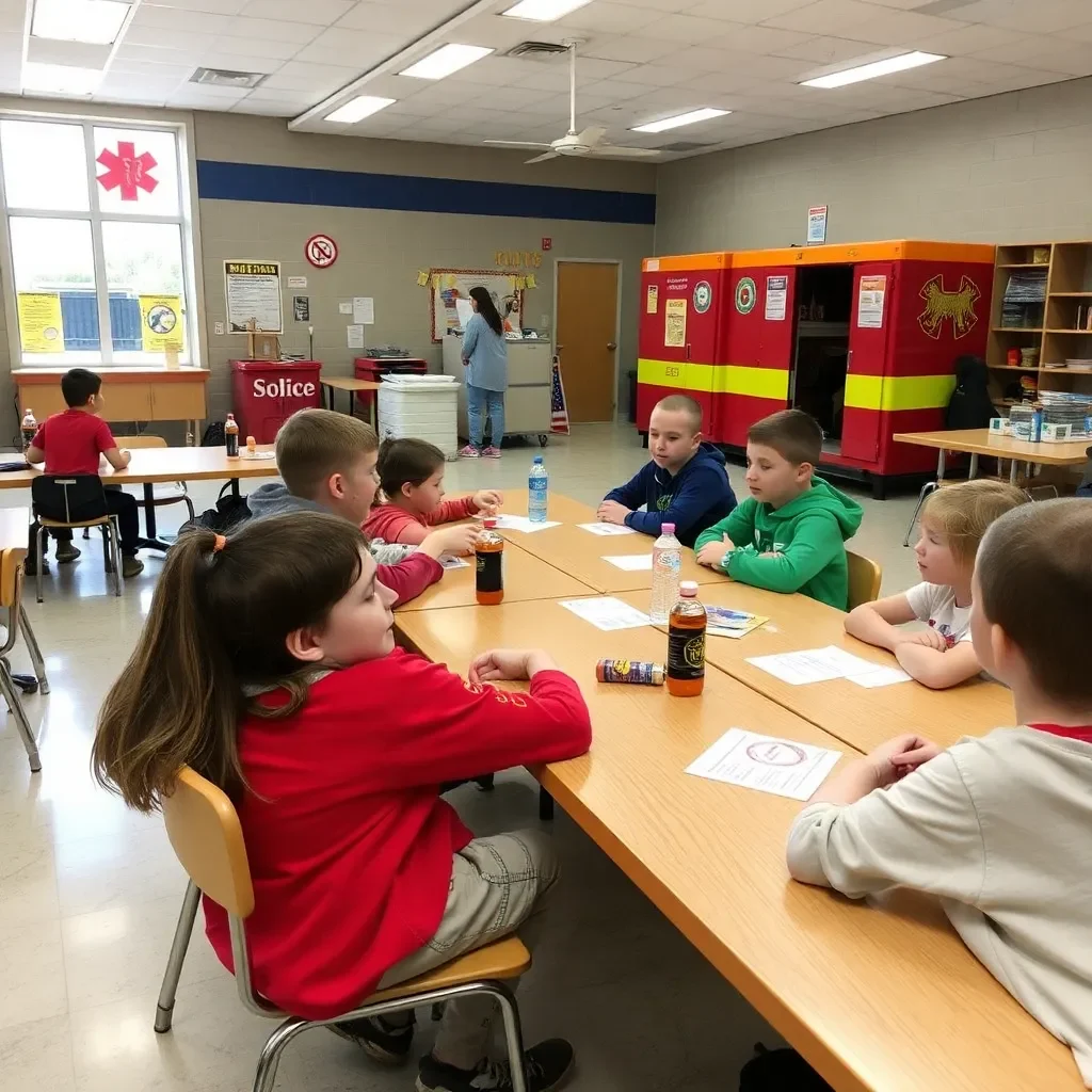 School cafeteria with concerned students and emergency services nearby.