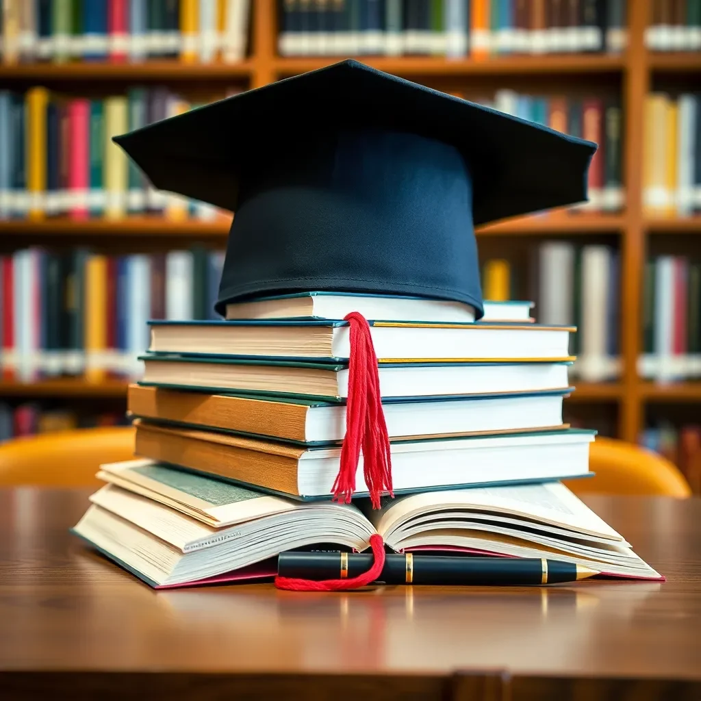 Books and graduation cap on a library desk.