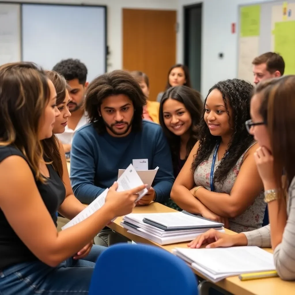 Diverse group discussing educational materials in a classroom setting.