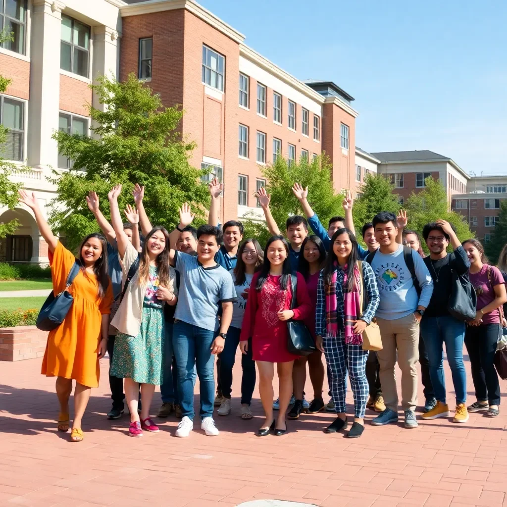 University campus with diverse students celebrating academic success.