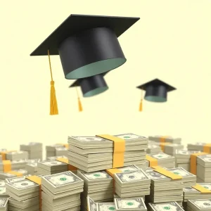 Graduation caps floating above stacks of dollar bills.