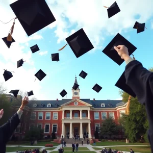 Graduation caps soaring over a university campus.