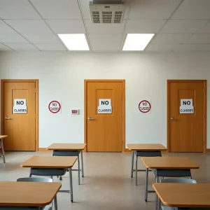 Empty school classrooms with "No Classes" signs on doors.