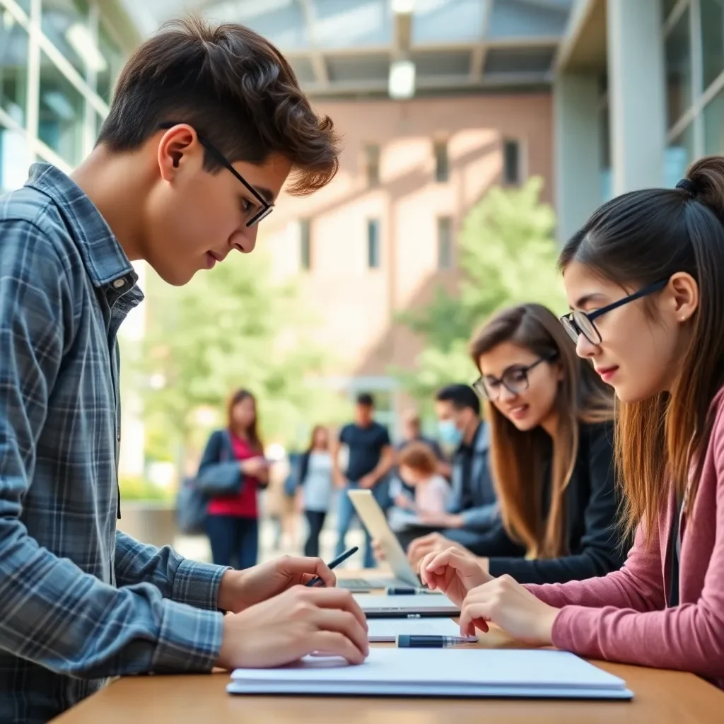 College campus with technology students collaborating on AI projects.