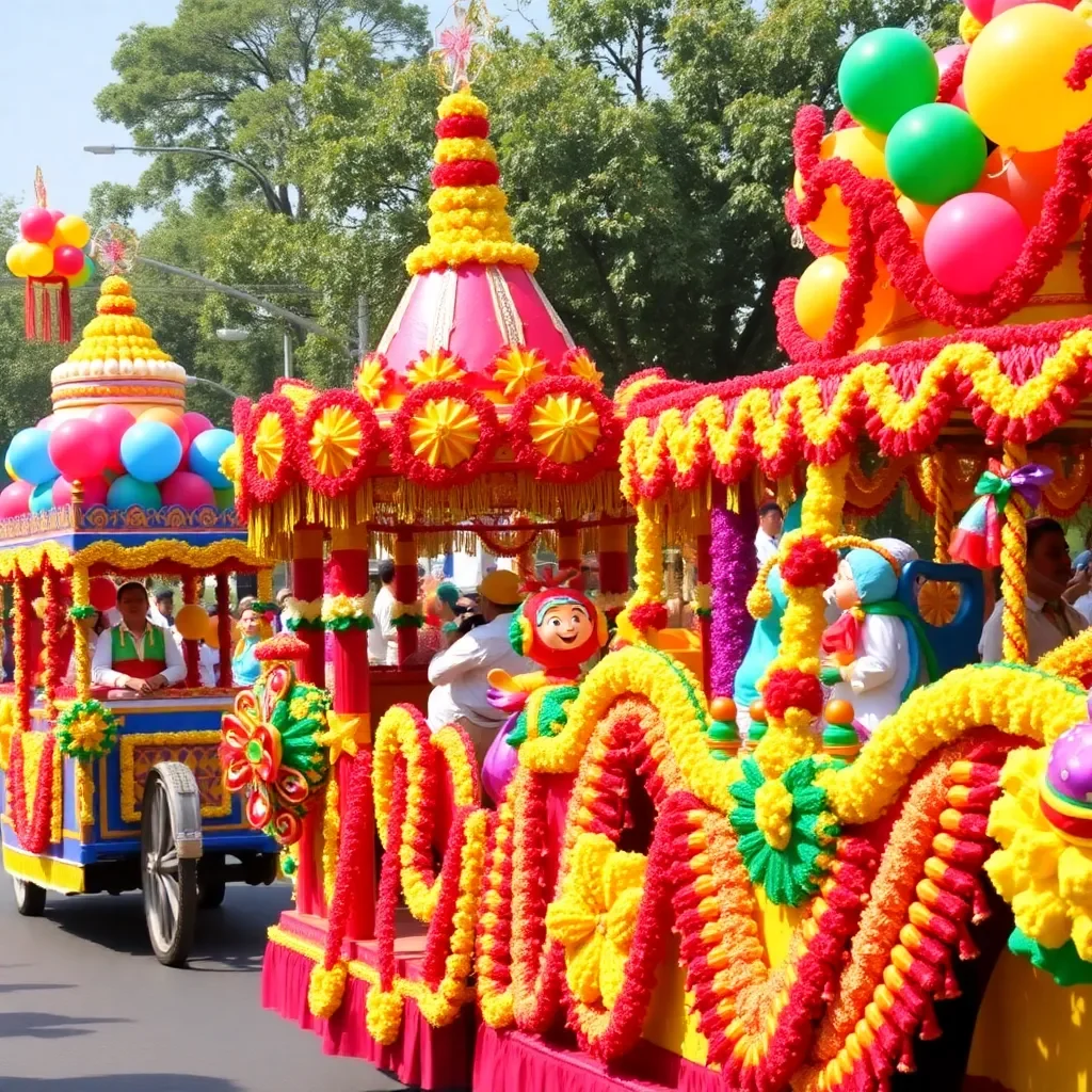 Colorful parade floats with festive decorations and balloons.