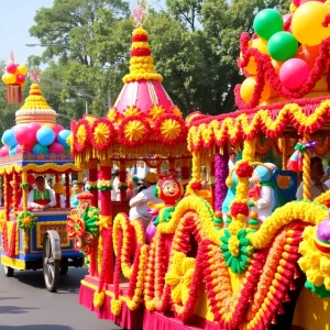 Colorful parade floats with festive decorations and balloons.