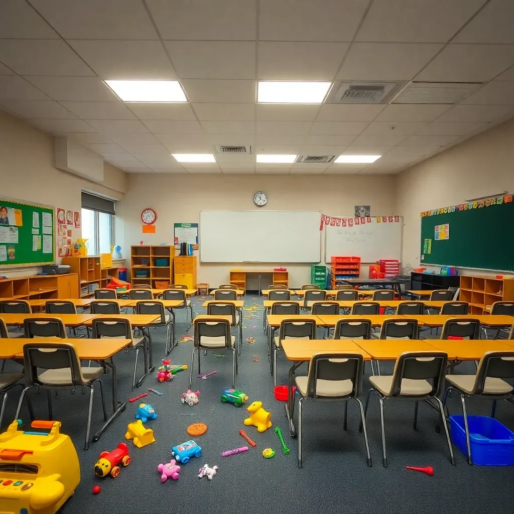 Classroom with empty chairs and educational toys scattered.