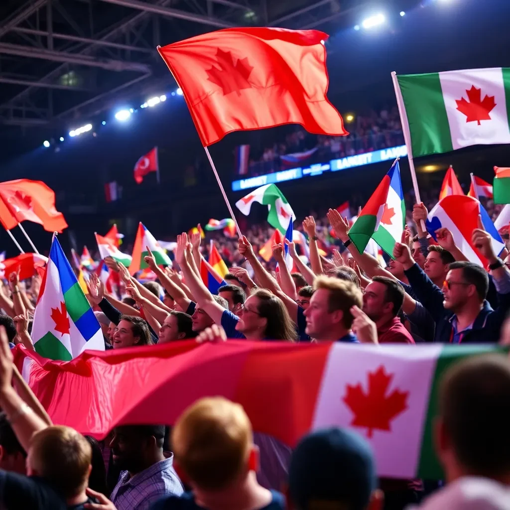 Cheering crowd waves flags at victory celebration event.