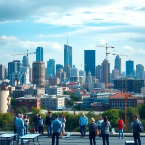 Urban skyline with construction plans and community discussions.