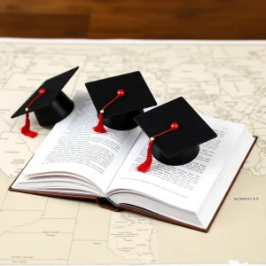 Open books with graduation caps on a Texas map.