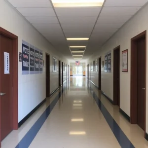 Empty school hallway with "Vote Today" posters displayed.