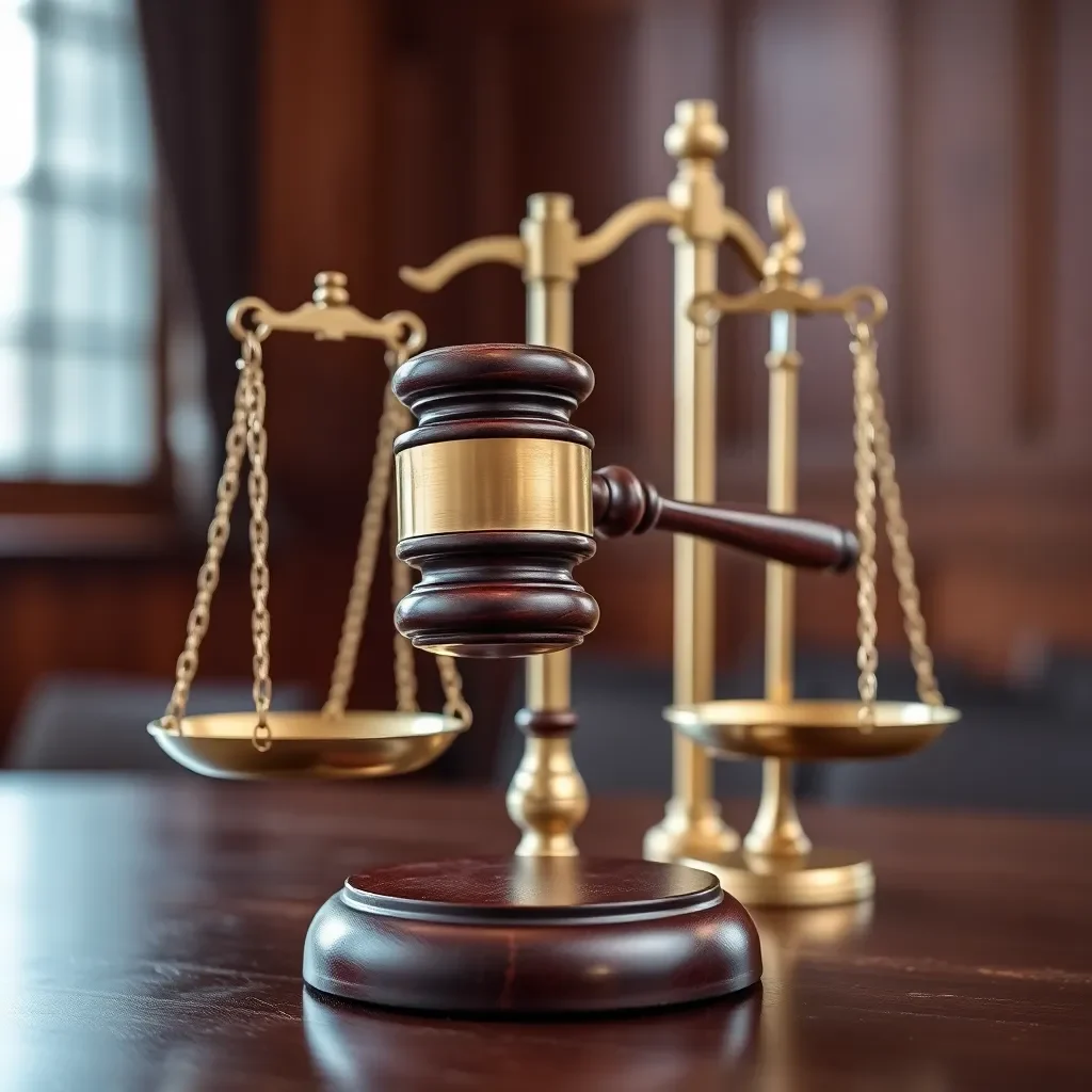 Gavel and scales symbolizing justice in a courtroom setting.