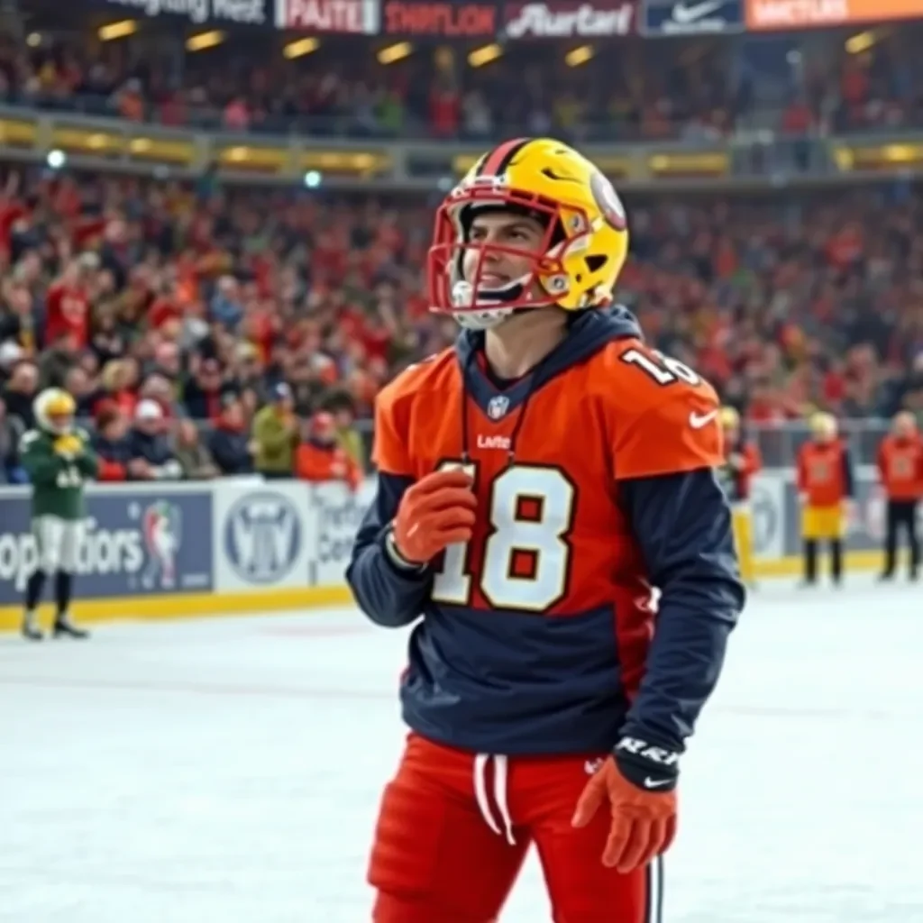 Football gear in icy stadium setting with cheering fans.