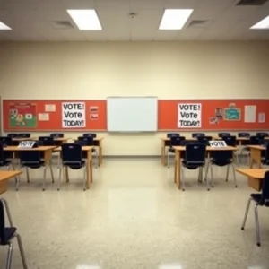 Empty classrooms with "Vote Today" signs displayed prominently.