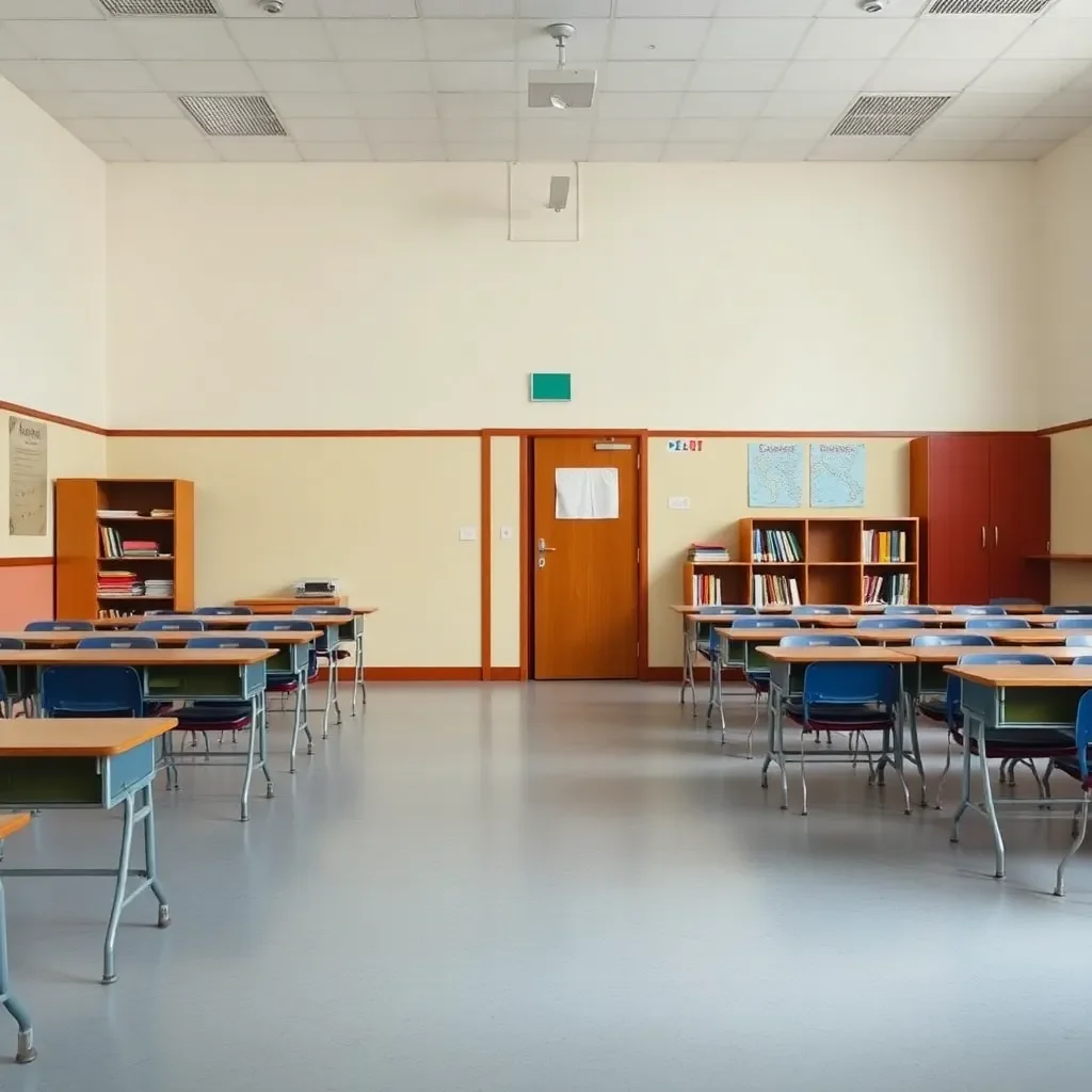 Empty school classroom with books and closed doors.