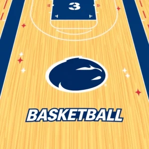 Dynamic basketball court with vibrant team colors and logo.