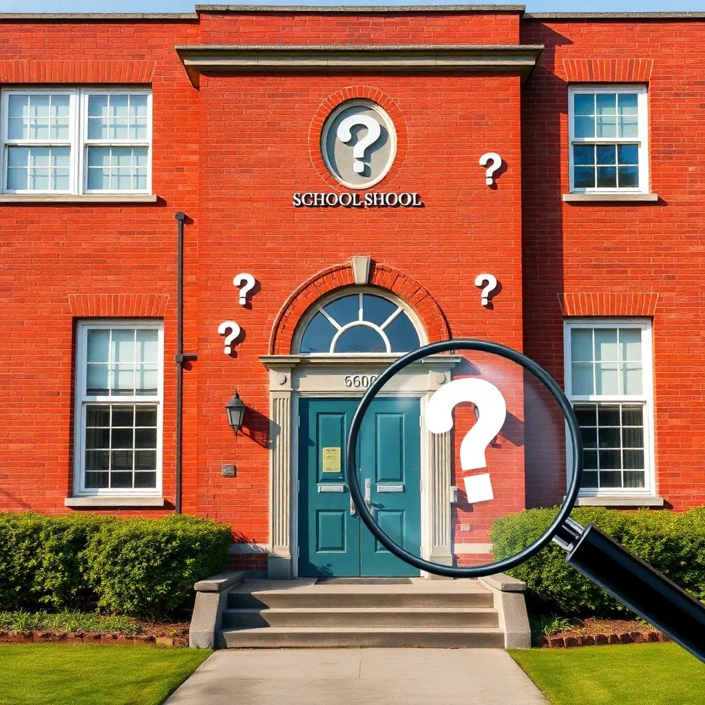 School building with question marks and a magnifying glass.