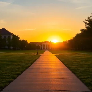 Pathway leading to a bright sunset over a university campus.