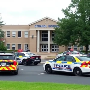 School building with police cars in the parking lot.