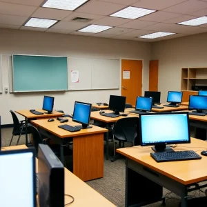 Disconnected devices in an empty classroom during outage.