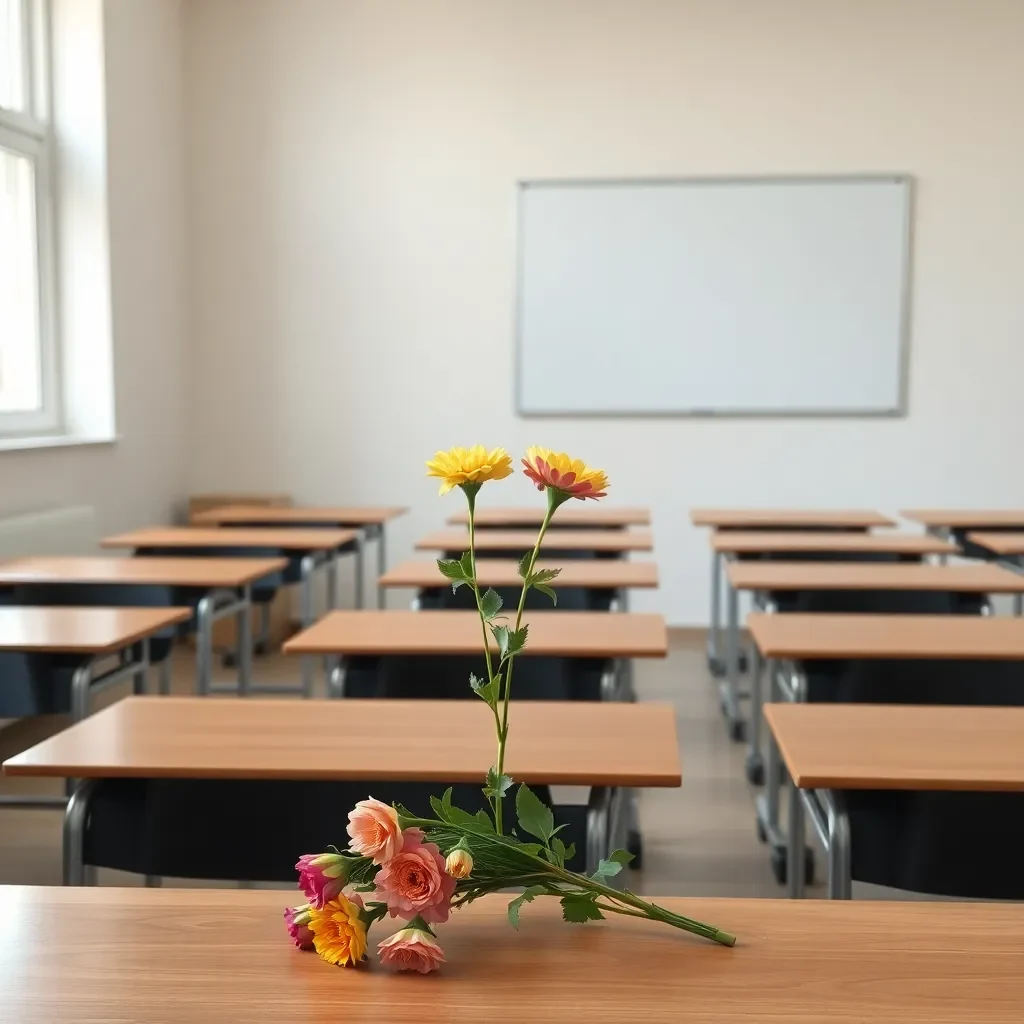 Empty classroom with flowers on a desk, soft lighting.