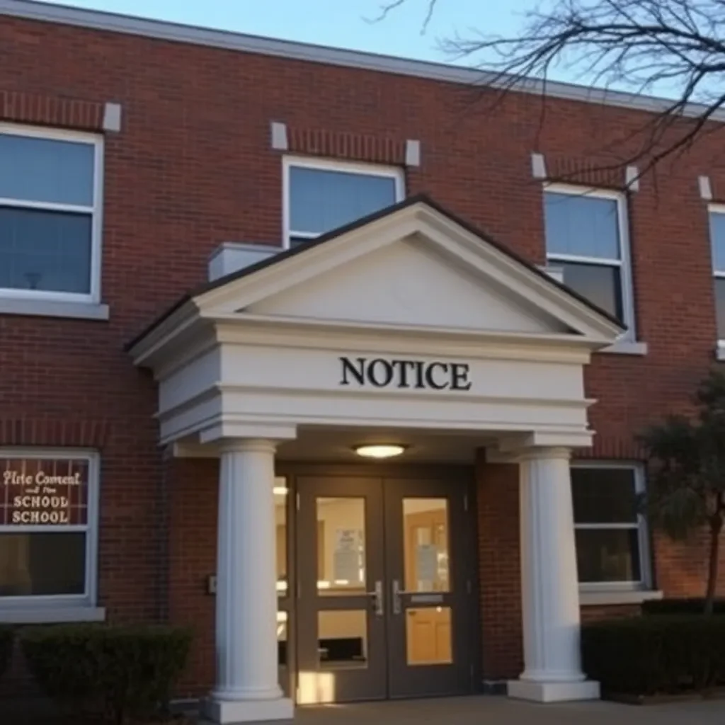 School building with "Staff Notice" sign on entrance.