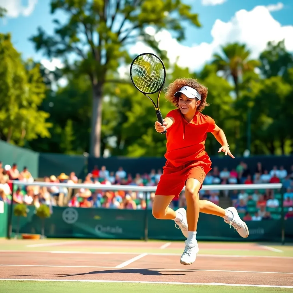 Dynamic tennis action on vibrant court background.