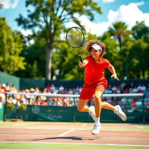 Dynamic tennis action on vibrant court background.