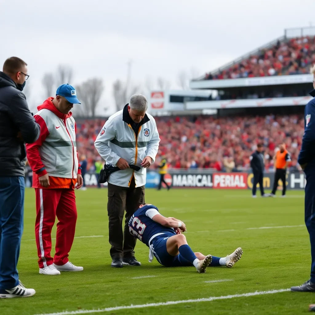 Football field with medical staff and an injured player.