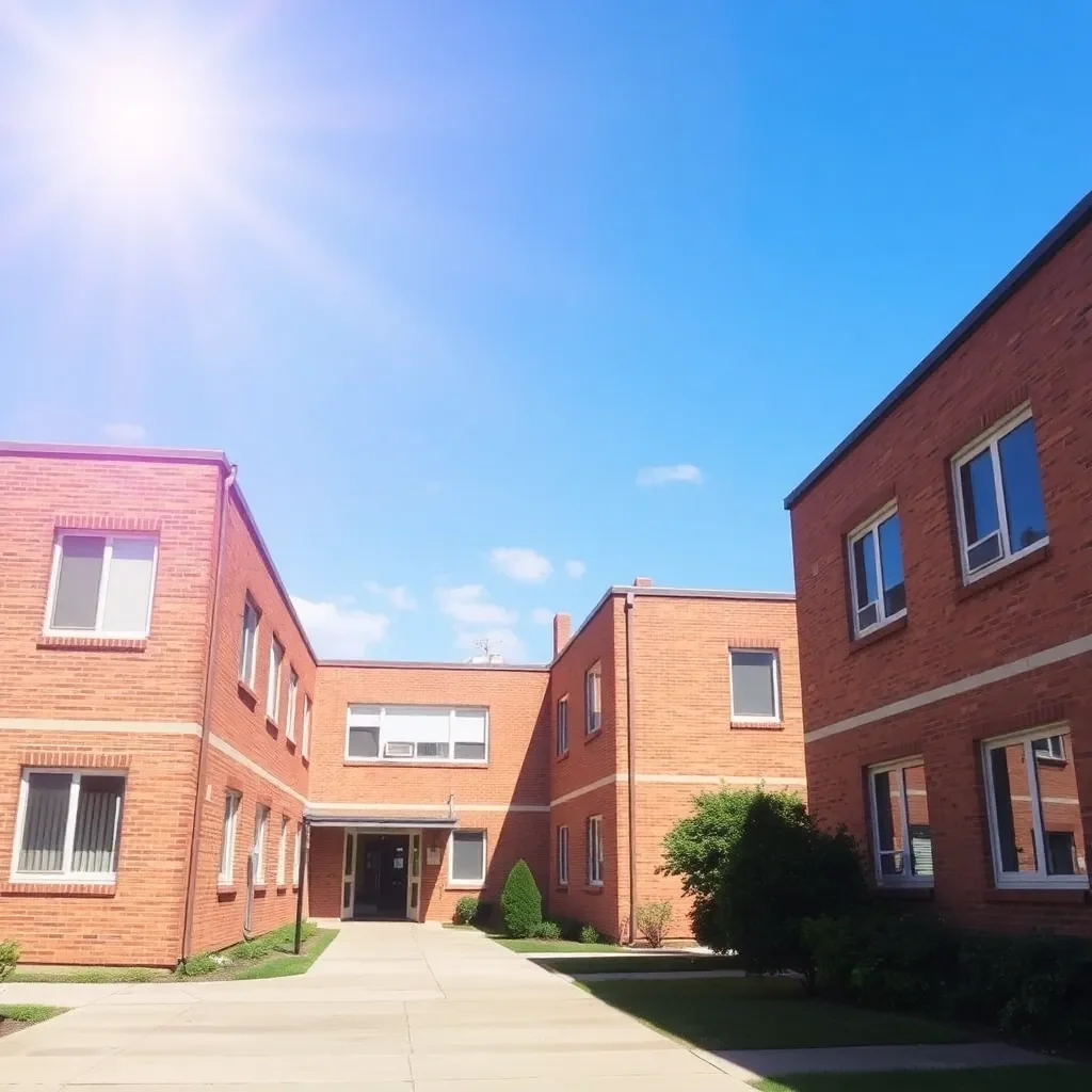 School buildings merging under bright sunny skies.