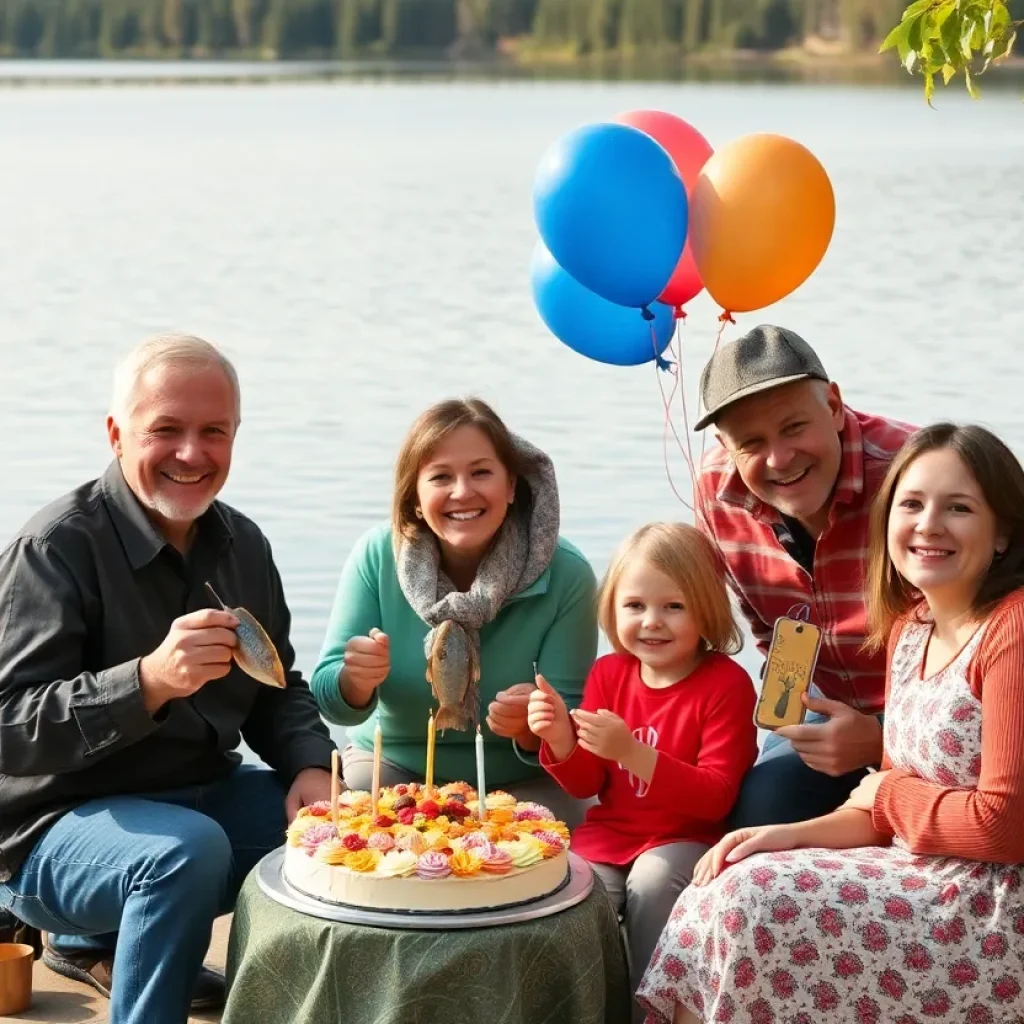 Family gathering by the lake for a birthday celebration.