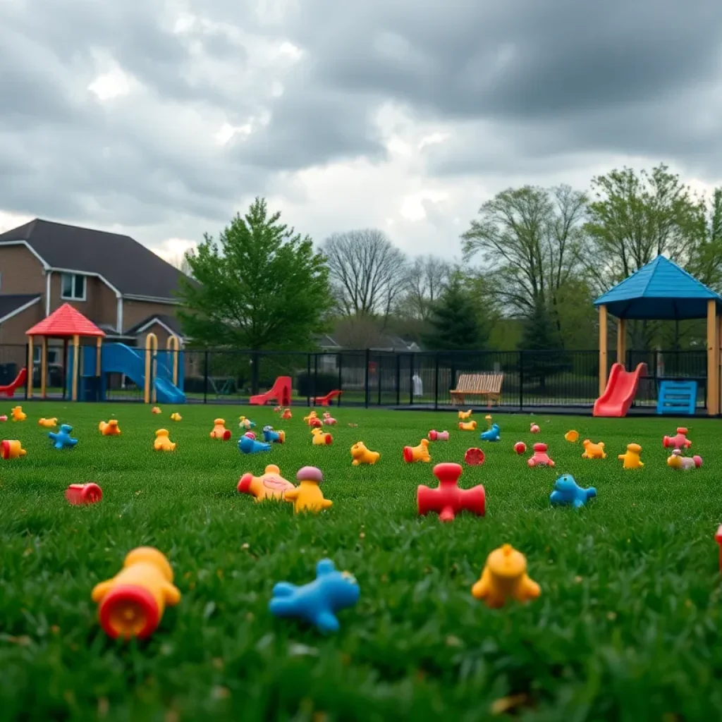 Preschool playground with toys and cloudy sky showcasing community resilience