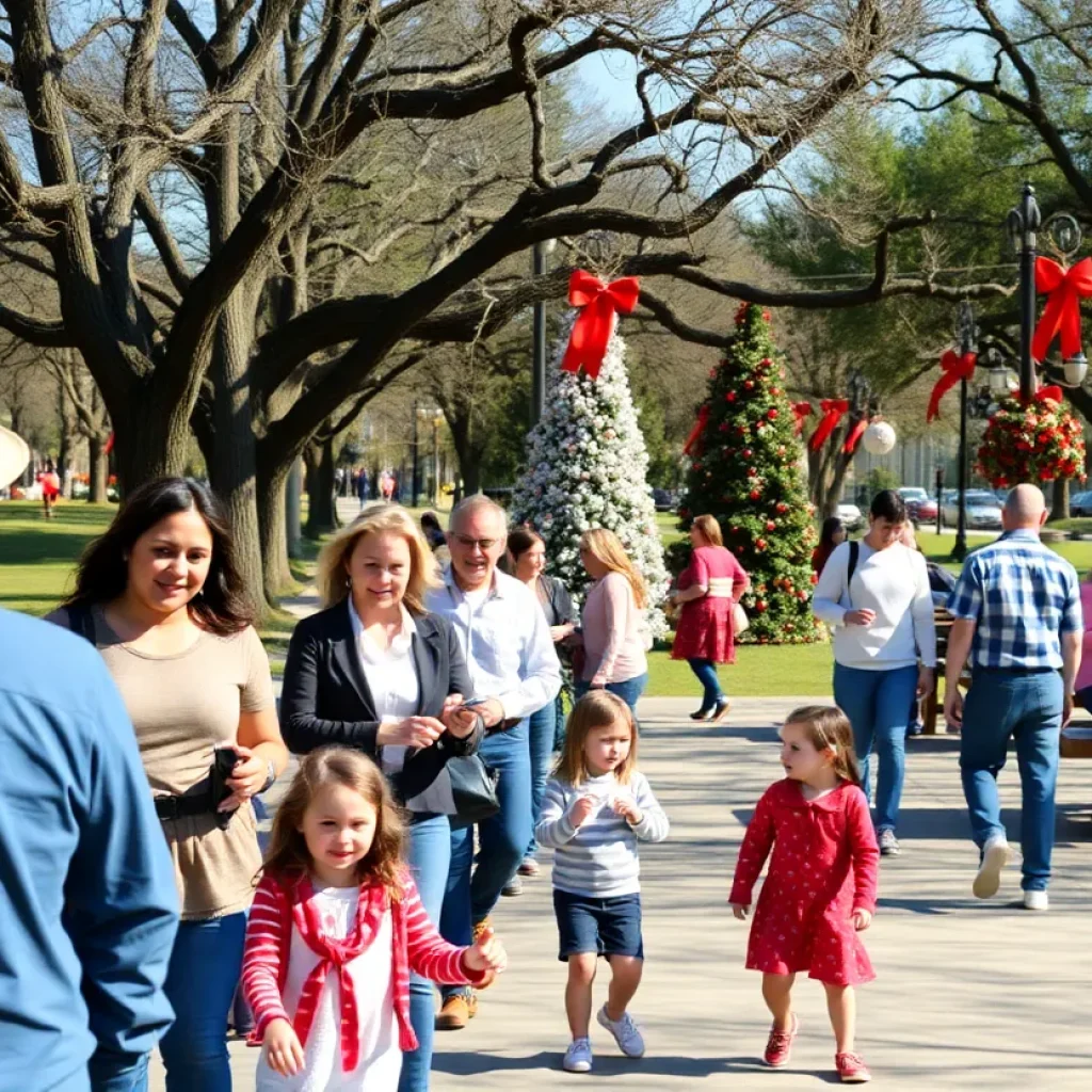 Families celebrating Christmas outdoors in San Antonio with warm weather.