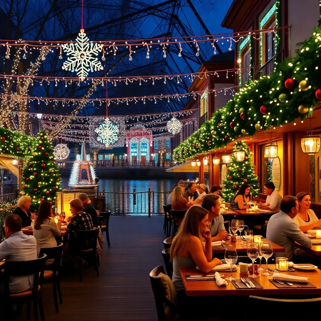 Diners enjoying Christmas dinner in a decorated San Antonio restaurant