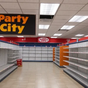 Empty shelves inside a closed Party City store