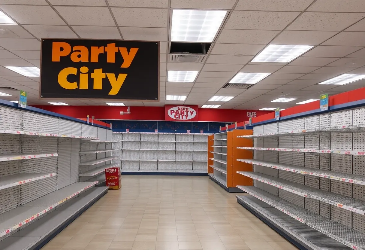 Empty shelves inside a closed Party City store