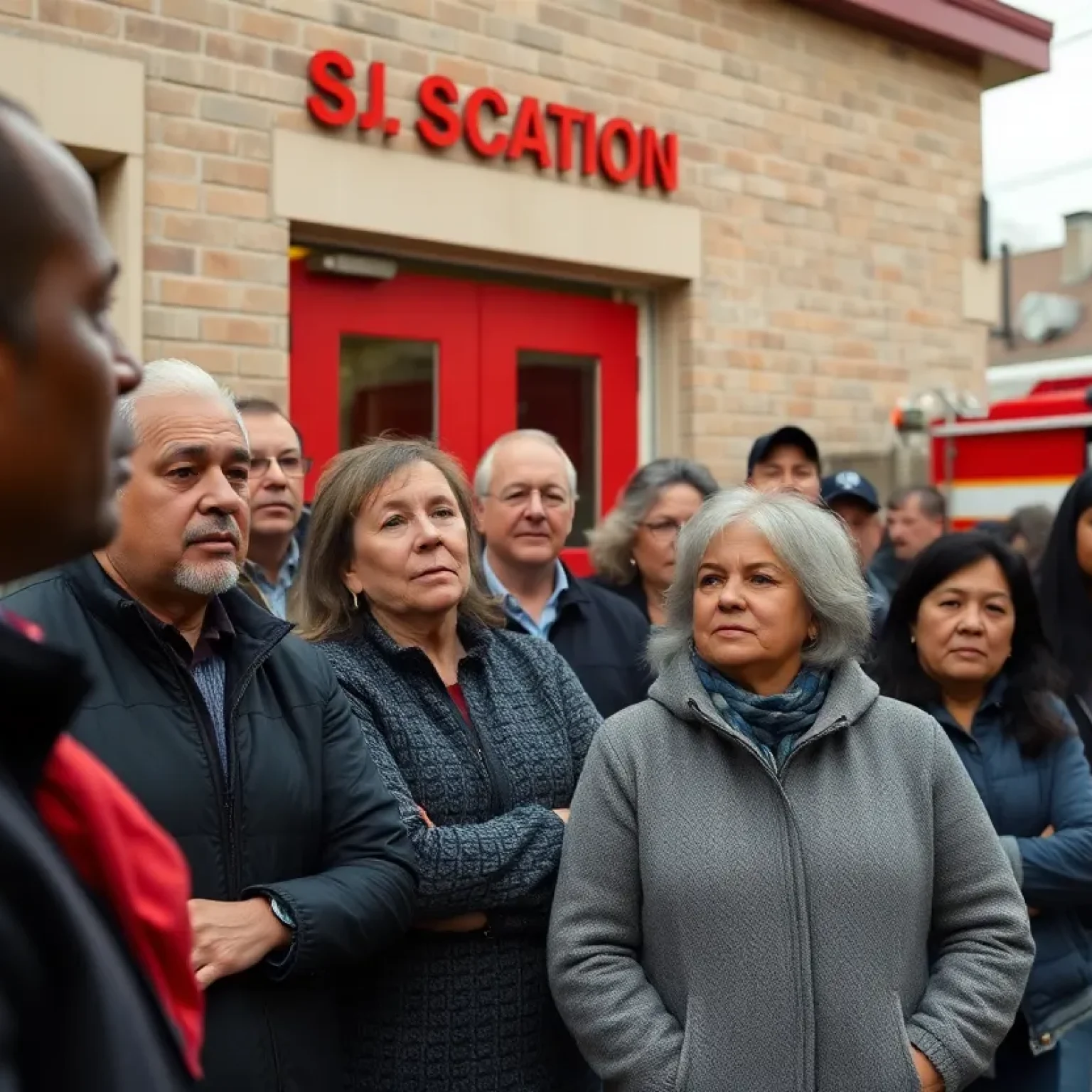 A group of residents expressing concern about a firefighter's legal issues outside a fire station.