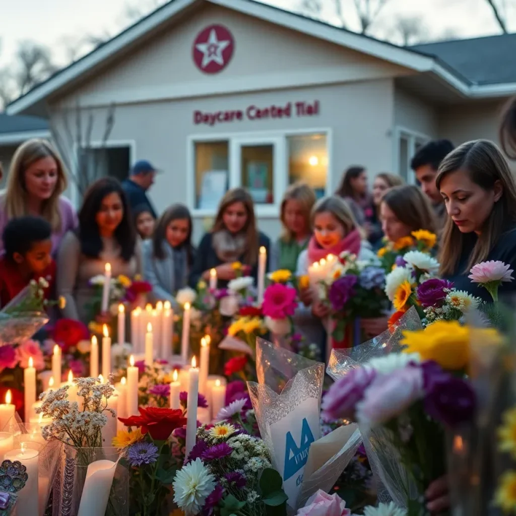 Community members gather to mourn the loss of a teacher at a daycare.