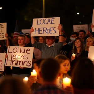 Community members gathering to support an injured officer and his family