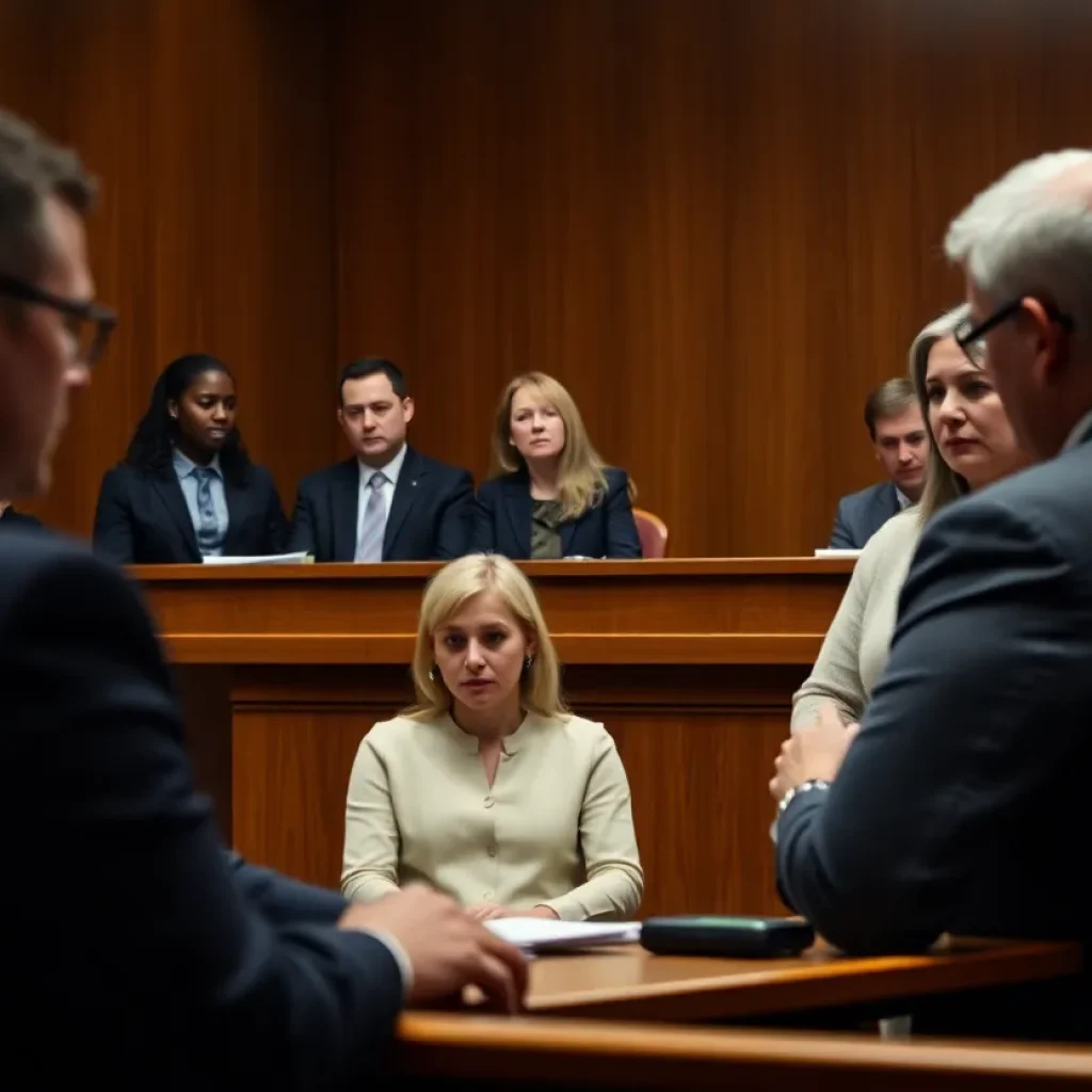 A courtroom with tense atmosphere surrounding a young defendant and legal representatives.