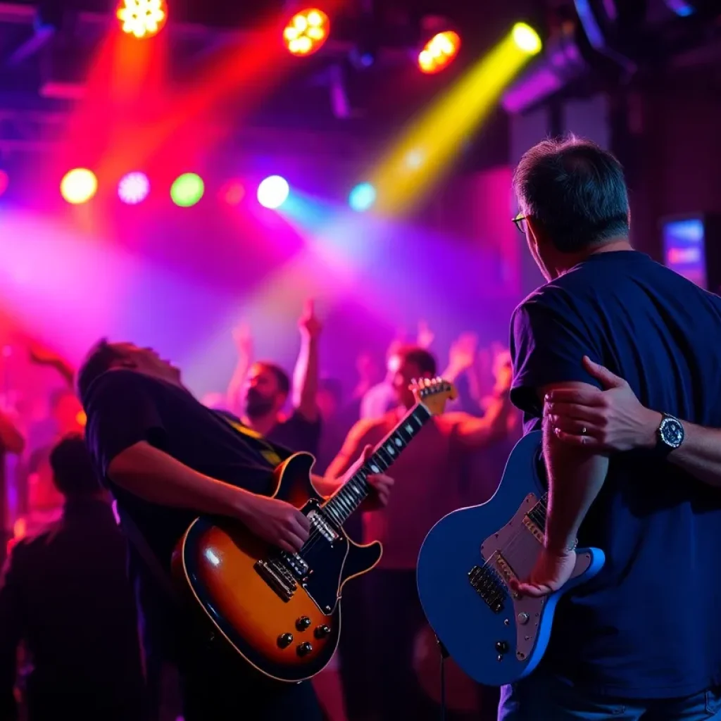 Energetic blues performance with colorful lights and audience