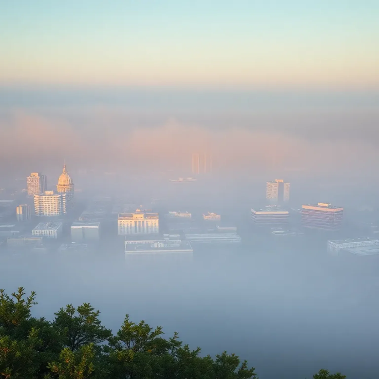 Dense fog over San Antonio cityscape