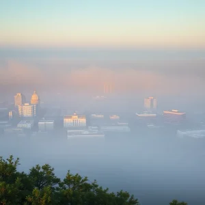 Dense fog over San Antonio cityscape