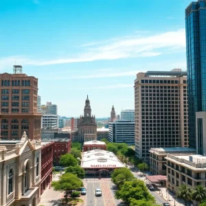 View of downtown San Antonio highlighting various hotel constructions and historic architecture.