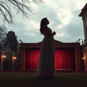 A beautiful representation of enduring love with a cemetery and a theater stage in the background.