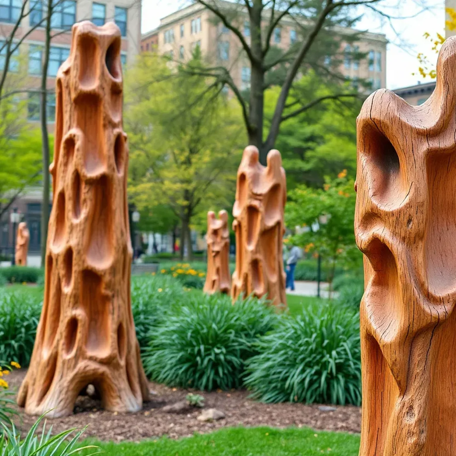 Faux bois sculptures displayed in a park in San Antonio