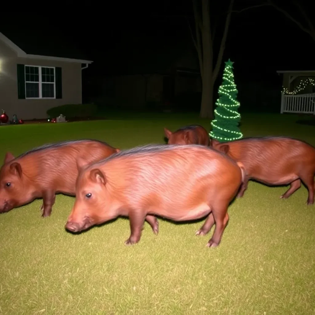 Feral hogs invading a residential backyard at night