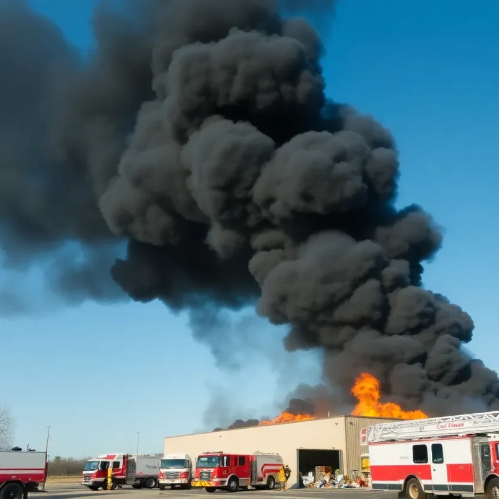 Firefighters extinguishing a large warehouse fire in San Antonio