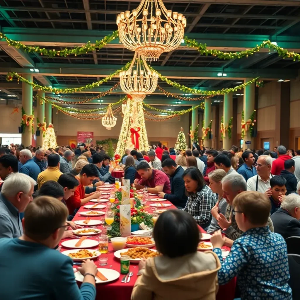 Families enjoying a holiday meal at the H-E-B Feast of Sharing in San Antonio